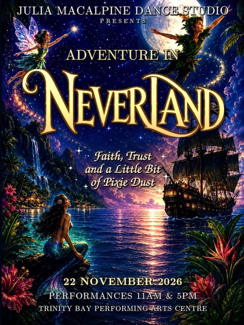 Adventure in Neverland poster: Peter Pan, Tinker Bell, a mermaid and a pirate ship under a full moon